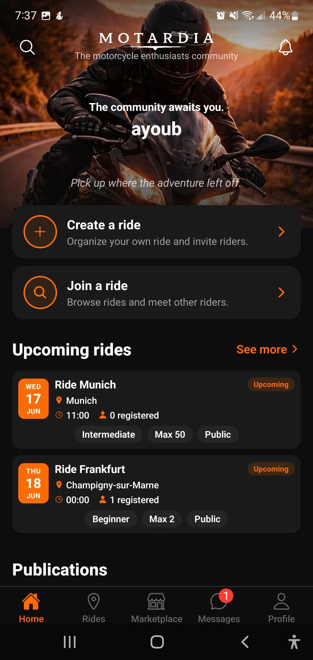 Home feed with upcoming rides